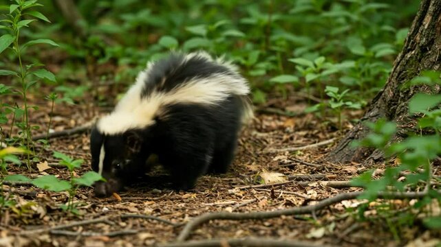 Young skunk with black and white striped fur walking in forest vegetation. Wild mammal moving through green plants and leaves in natural woodland habitat