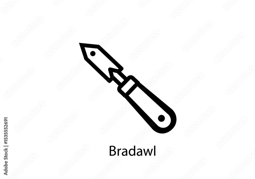 Poster isolated bradawl tool with black outline on a white background in a simple vector graphic style