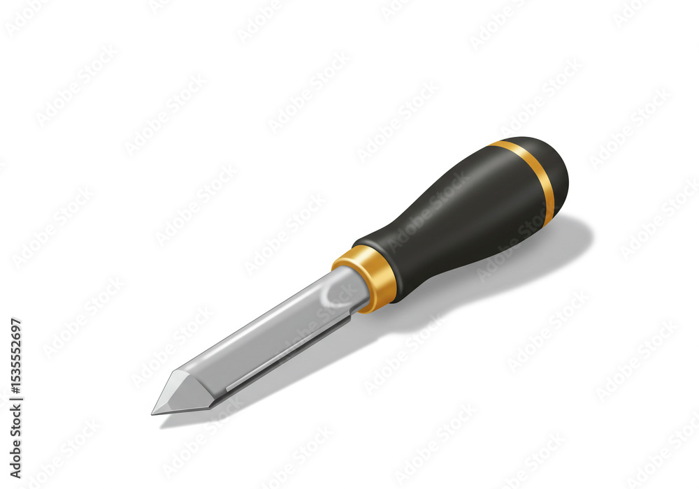 Poster a close up of a chisel with a black handle and a silver blade on a white background surface tool