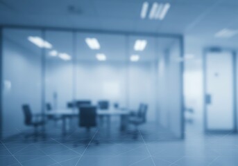 Modern blurred office interior with glass meeting room and digital data overlay on the floor, representing futuristic corporate technology, innovation, and workspace analytics.