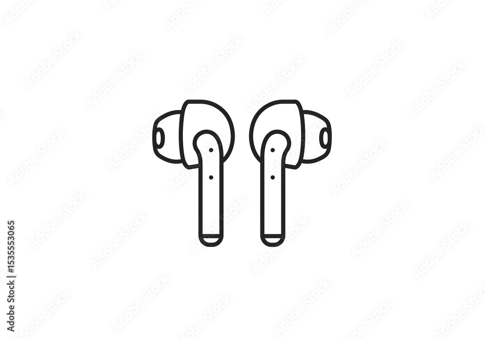 Poster a simple line drawing of two wireless earbuds facing forward on a plain white background design elem