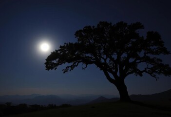 Majestic oak tree silhouette, moonlit night sky, distant mountains,  star,  art