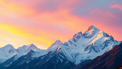Fototapeta premium Majestic snow-capped mountains pierce a vibrant sky, showcasing raw, natural beauty, mountains, cold
