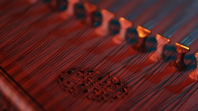 Cinematic macro close-up of a traditional wooden stringed instrument. Slow focus pull along tuning pegs and strings under dramatic red and teal lights, creating a moody atmosphere.