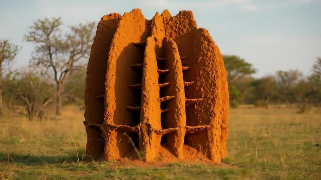 Large termite mound structure in african savanna with trees and dry grass. Insect colony building in natural habitat for wildlife and ecosystem content
