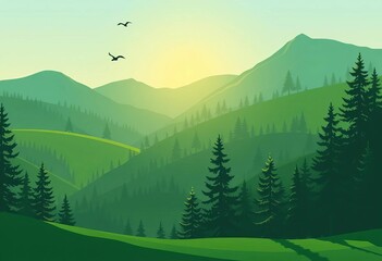 Fototapeta premium Minimalist green mountain landscape with pine trees, birds, and sun, sunshine, sunlight
