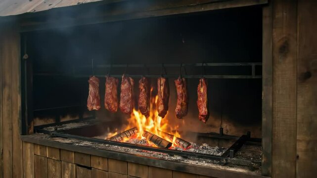 Traditional sausages hanging over open fire in wooden smokehouse. Meat preparation and food smoking process for culinary and cooking content
