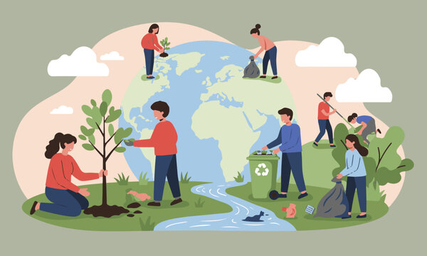 Flat illustration of people actively participating in tree planting, and recycling for World Environment Day. Ideal for environmental campaigns, CSR reports, educational materials