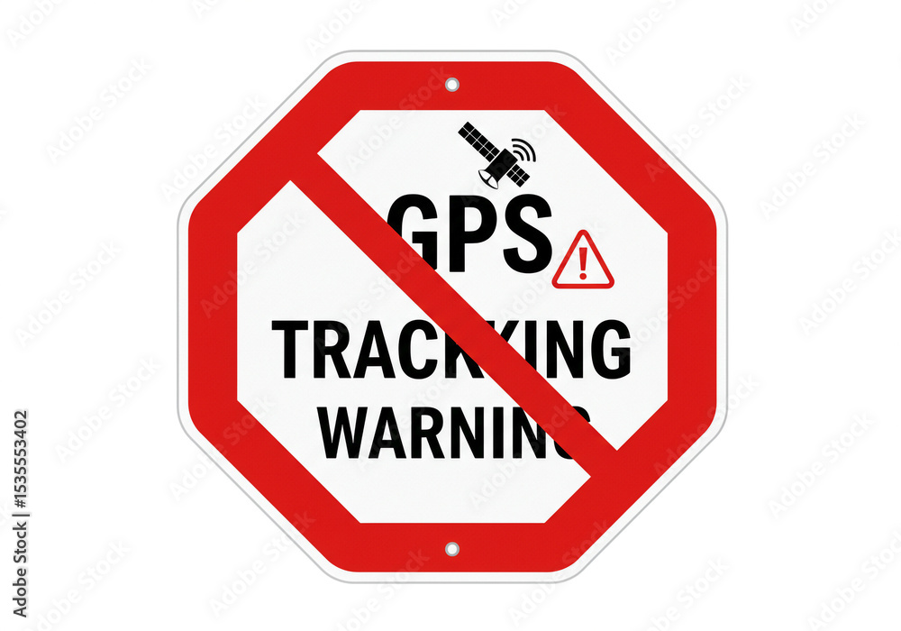 Poster a red octagonal sign with a diagonal line through it showing gps tracking warning on a white backgro