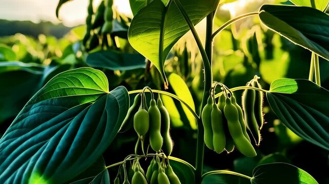 Soybean plants with green leaves and pods in a field, illuminated by bright sunlight during the day. Close up view of the healthy crops growing in summer.