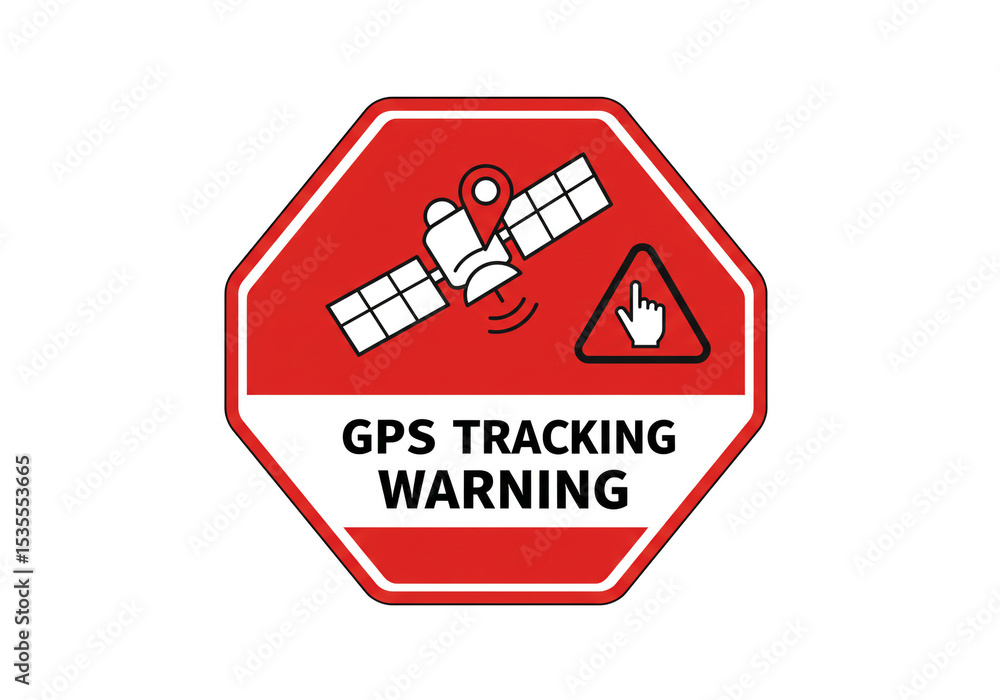 Poster a gps tracking warning sign in red octagon shape with satellite and hand cursor on white background