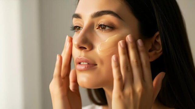 Woman applying moisturizer cream to face with gentle hand movements. Female skincare routine with hydrating treatment for beauty and cosmetic services