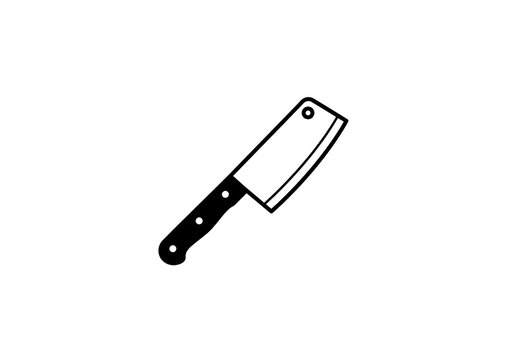 A simple black and white illustration of a cleaver with a black handle on a white background