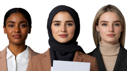 Three empowered diverse young women business casual image isolated transparent. Corporate females empowerment workplace cut out photo png. Company entrepreneurs cutout photography