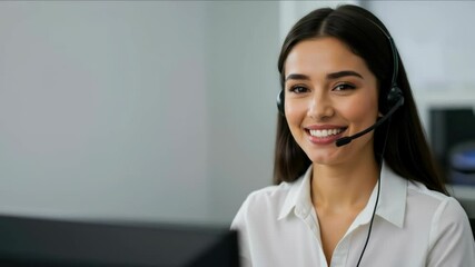 Smiling customer service representative with headset in modern office environment. Professional woman providing phone support for business and communication services - Powered by Adobe