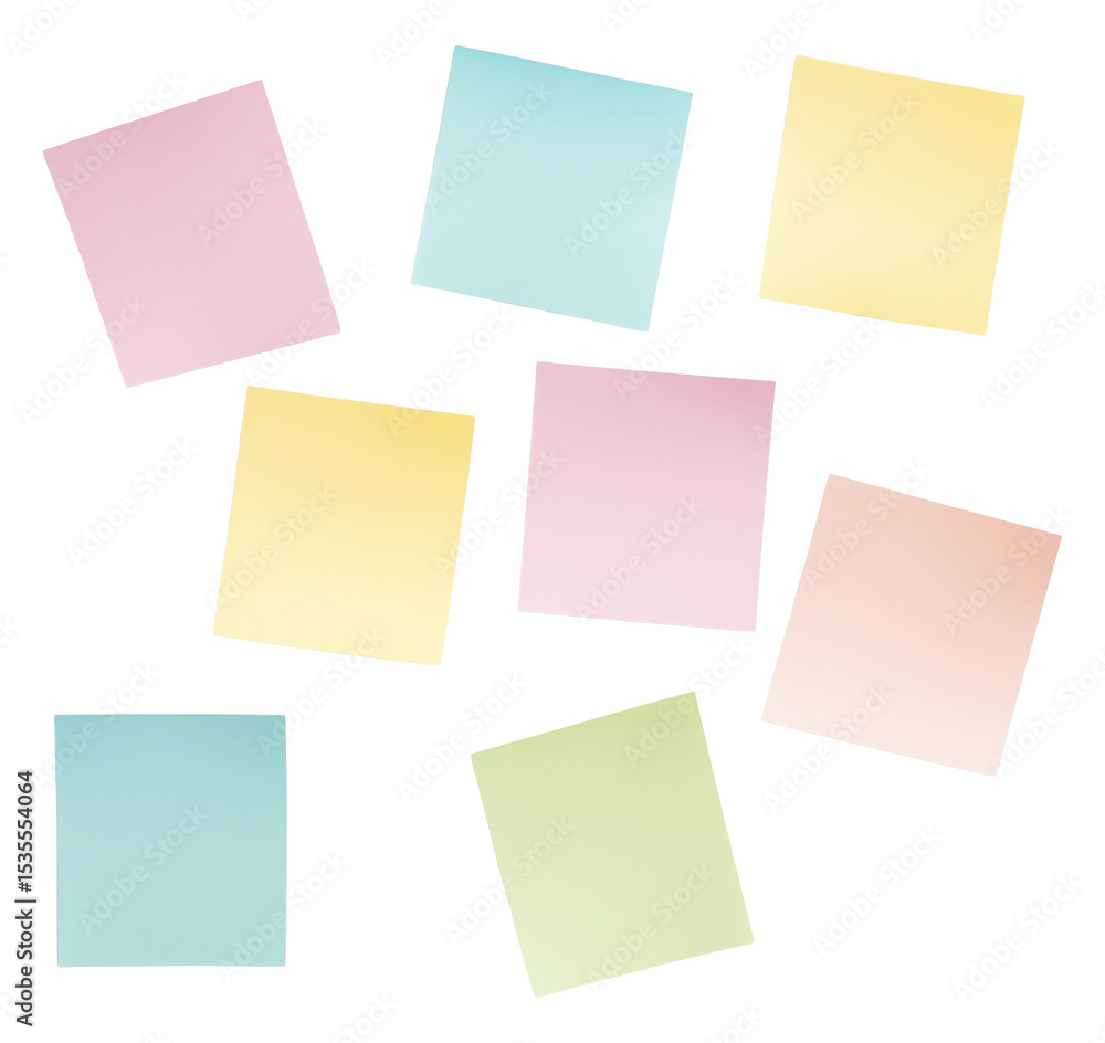 Poster scattered pastel square sticky notes image set isolated transparent. bright memos arrangement. paper
