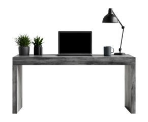 Grey wood desk with laptop, lamp and flowerpots image isolated transparent. Workstation ceramic mug table cut out photo png. Notebook home office cutout element object photography