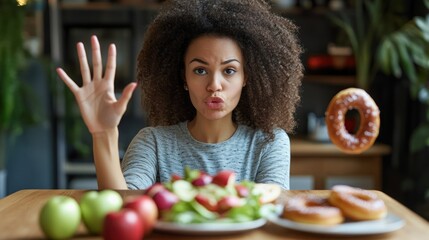 Young woman rejecting junk food and choosing healthy lifestyle with determination