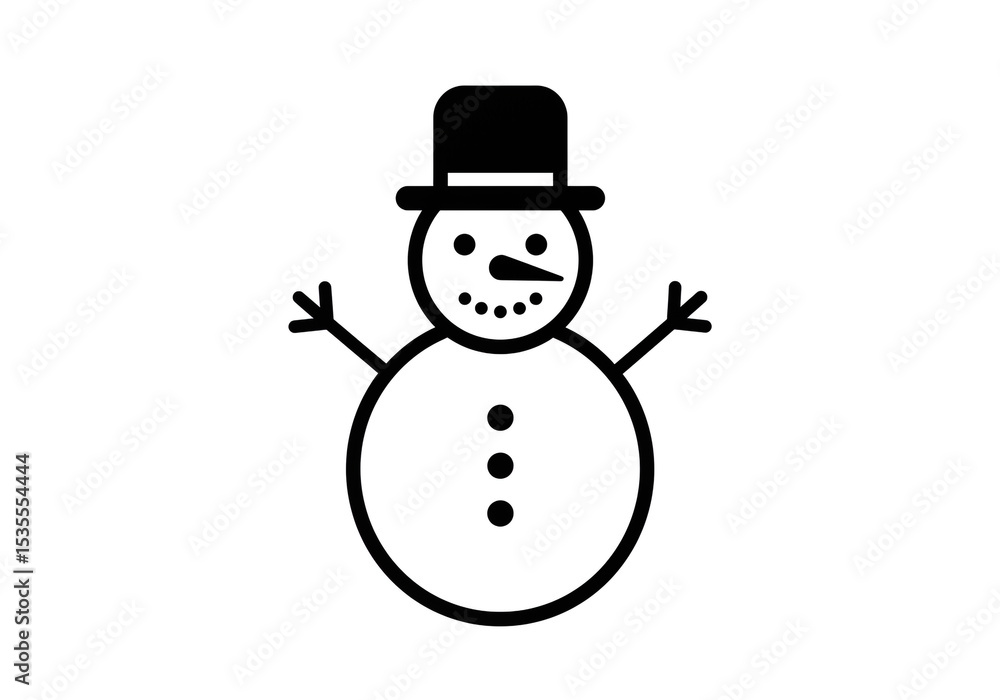 Poster a simple black and white snowman with a hat and stick arms on a white background in vector format