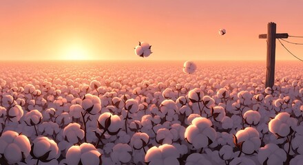 Fototapeta premium Cotton Field Sunset: A Vast Expanse of White Bolls under the Evening Sky