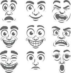 Nine Gray Scale Cartoon Faces Displaying Various Emotions A Collection of Simple Hand Drawn Style Facial Expressions Including Happy Sad Angry