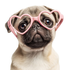 Cute pug wearing pink heart glasses image isolated transparent. Valentines day love pup in heartshaped eyewear cut out photo png. Quirky pet domestic humor animal cutout photography