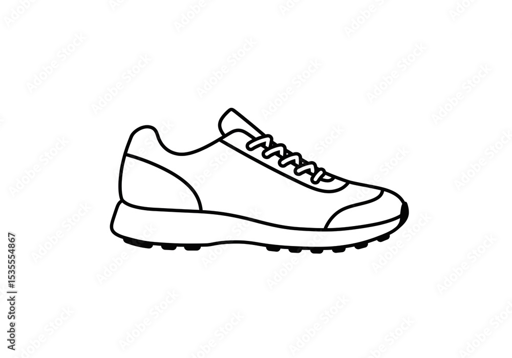 Poster isolated outline drawing of a running shoe with laces and textured sole on a white background