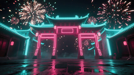 Neon Chinese Gate with Fireworks Display