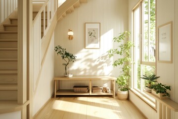 Bright, airy hallway with wooden staircase and natural light