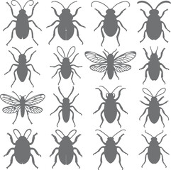 Sixteen Gray Insect Silhouettes Collection Diverse Beetle and Fly Species Top View Gray Scale Vector Graphic Design Elements