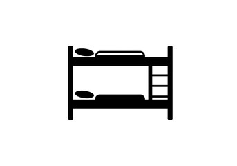 Obraz premium A simple black and white graphic of a bunk bed with pillows and a ladder on a white background