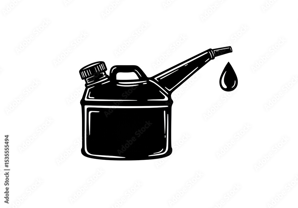 Poster a black and white drawing of a gas can with a spout and a single drop of liquid falling from it