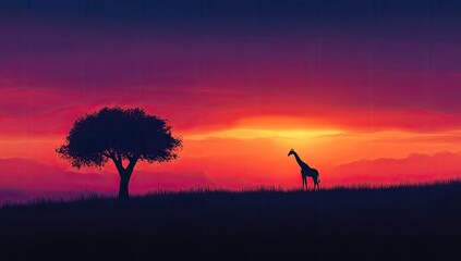 Fototapeta premium Silhouette giraffe at vibrant sunset