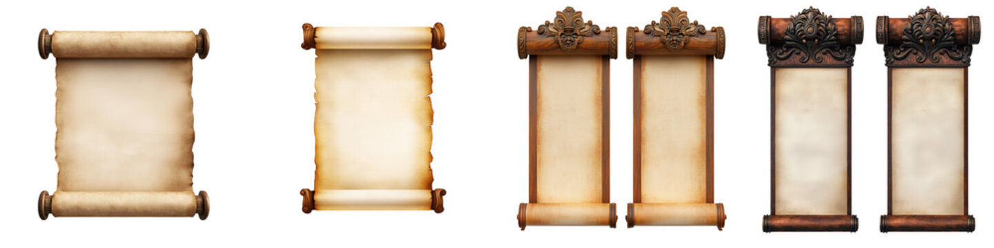 Ancient Scrolls: A collection of aged scrolls, evoking history and mystique. Each scroll offers a blank space for your own story.