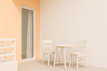 chairs and table Balcony in a minimalist style with beige and pastel orange colors.
