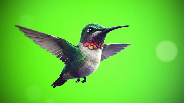 A 3D cartoon bird flapping its wings rapidly while hovering in place, green screen background