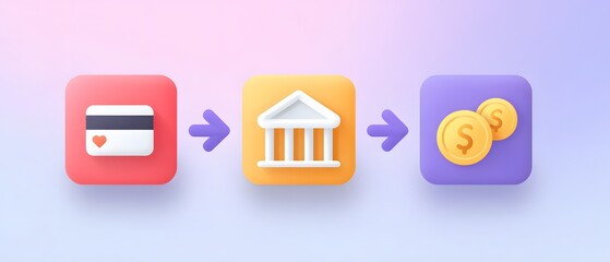 A conceptual image showing a credit card, bank building, and coins connected by arrows symbolizing the process of payment or money transfer.