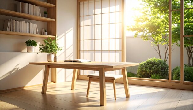 Modern minimalist japanese reading desk with soft sunlight