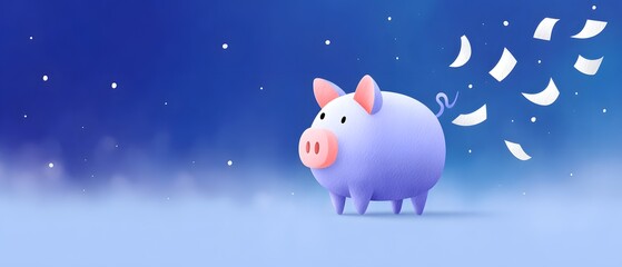 A purple piggy bank releases flying dollar bills against a starry blue sky, symbolizing money and savings.
