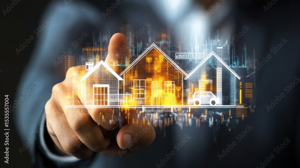 Poster modern technology smart home automation interface with digital house outline glowing in futuristic e