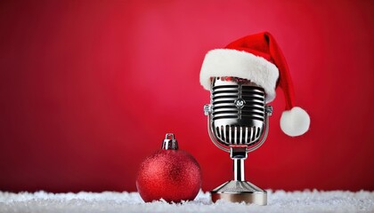 retro chrome microphone with santa hat and red christmas ornament on snowy surface against red background for festive podcast cover, holiday flyer, or winter branding