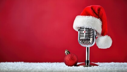 retro chrome microphone with santa hat and red christmas ornament on snowy surface against red background for festive podcast cover, holiday flyer, or winter branding