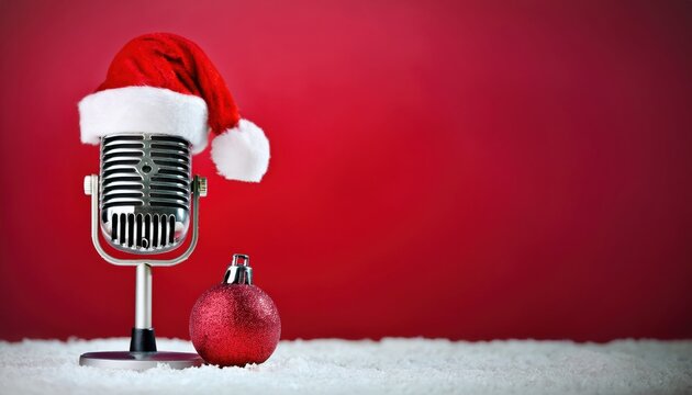 retro chrome microphone with santa hat and red christmas ornament on snowy surface against red background for festive podcast cover, holiday flyer, or winter branding

