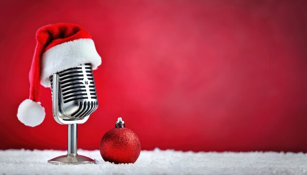 retro chrome microphone with santa hat and red christmas ornament on snowy surface against red background for festive podcast cover, holiday flyer, or winter branding

 - Powered by Adobe