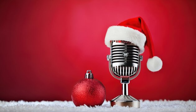 retro chrome microphone with santa hat and red christmas ornament on snowy surface against red background for festive podcast cover, holiday flyer, or winter branding

