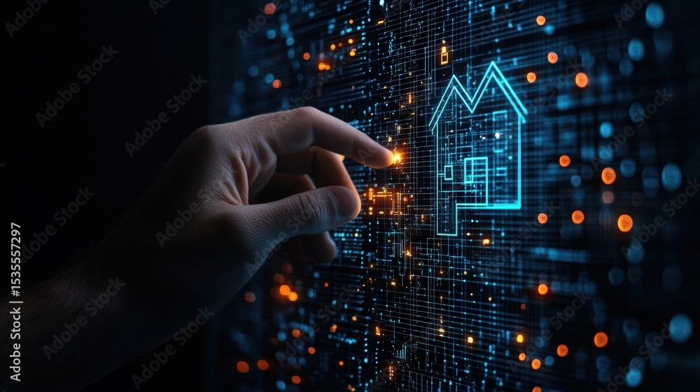 Poster futuristic digital house icon surrounded by glowing data codes and technological network elements