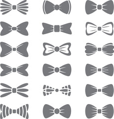Collection of Gray Bow Tie Silhouettes Various Styles and Designs Set of Sixteen Different Bowtie Icons Isolated on White Background