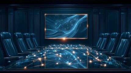 Futuristic conference room with digital network visualization