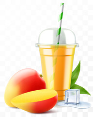 Clear plastic cup with mango juice or smoothie. Fruit cocktail. Cup with sphere dome cap for milkshake, lemonade, cold or hot drink. Mug of fruity organic shake. Realistic 3d vector template