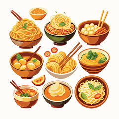 Delightful vector illustration of various bowls of asian noodles and soups for food design